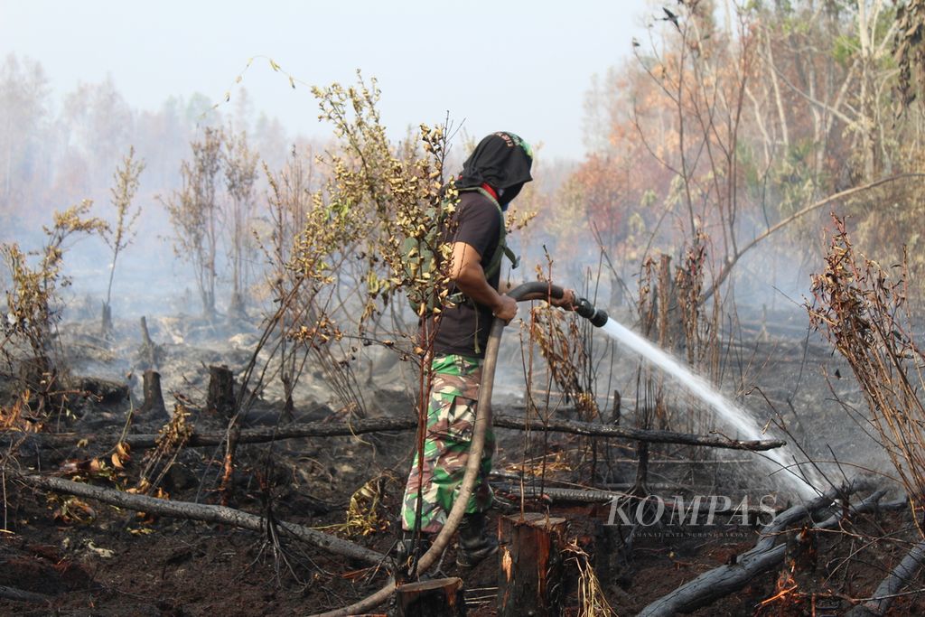 Salah satu anggota tim gabungan pemadam kebakaran sedang memadamkan api di Desa Tanjung Taruna, Kabupaten Pulang Pisau, Kalteng, Minggu (15/11/2023). Karhutla di Kalteng sudah menghanguskan setidaknya 18.000 hektar hutan dan lahan.