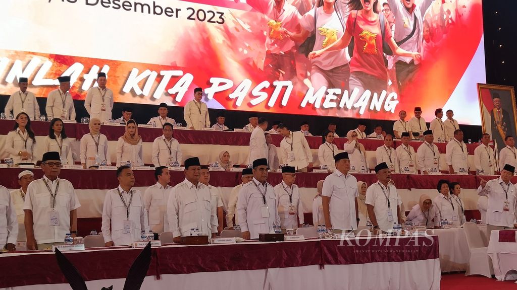Ketua Umum Partai Gerindra sekaligus calon presiden nomor urut 2, Prabowo Subianto saat Rapat Koordinasi Nasional (Rakornas) Partai Gerindra di JIExpo Kemayoran, Jakarta, Jumat (15/12/2023).