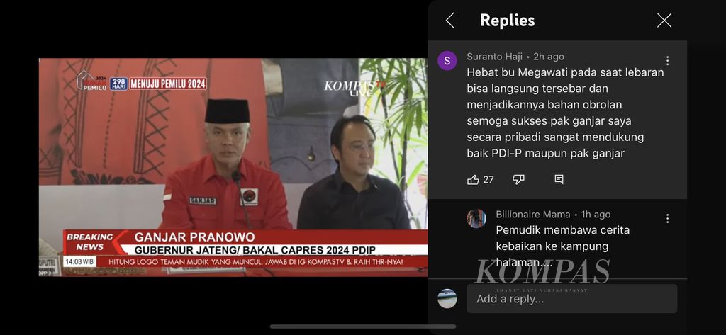 Salah satu akun Youtube ikut mengomentari pengusungan Gubernur Jawa Tengah Ganjar Pranowo sebagai calon presiden dari PDI-P,  Jumat (21/4/2023).