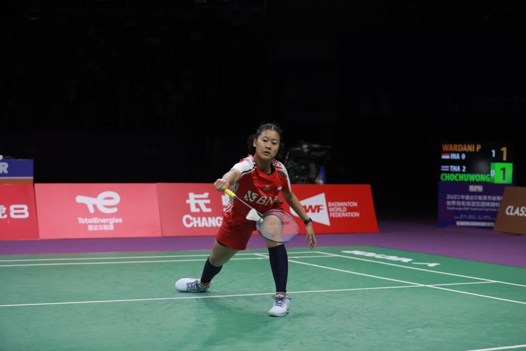 Putri Kusuma Wardani kalah dari tunggal putri Thailand, Pornpawee Chochuwong, 21-15, 14-21, 17-21. pada partai ketiga laga terakhir Grup B Piala Sudirman 2023 di Suzhou, China, Kamis (18/5/2023).