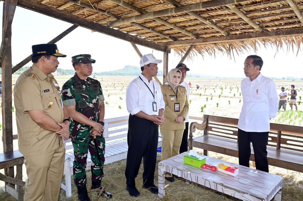 Presiden Joko Widodo berinteraksi dengan para pejabat saat berkunjung ke sebuah sawah di Desa Kaibahan, Kecamatan Kesesi, Kabupaten Pekalongan, Jawa Tengah, Rabu (13/12/2023). 