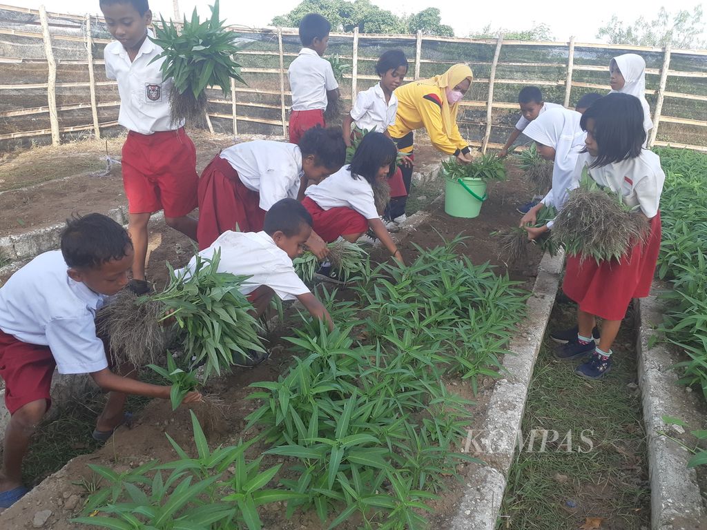 Pembelajaran di sekolah berangsur-angsur berjalan normal. Terlihat kegiatan belajar di luar ruang salah satu SD negeri di Kabupaten Sumba Barat Daya, Nusa Tenggara Timur, Selasa (31/5/2022), 