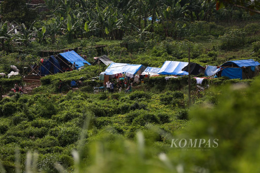 Tenda-tenda darurat warga korban gempa bumi bermagnitudo 5,6 di Desa Sukamulya, Kecamatan Cugenang, Kabupaten Cianjur, Jawa Barat, untuk menyalurkan bantuan kemanusiaan, Sabtu (26/11/2022).