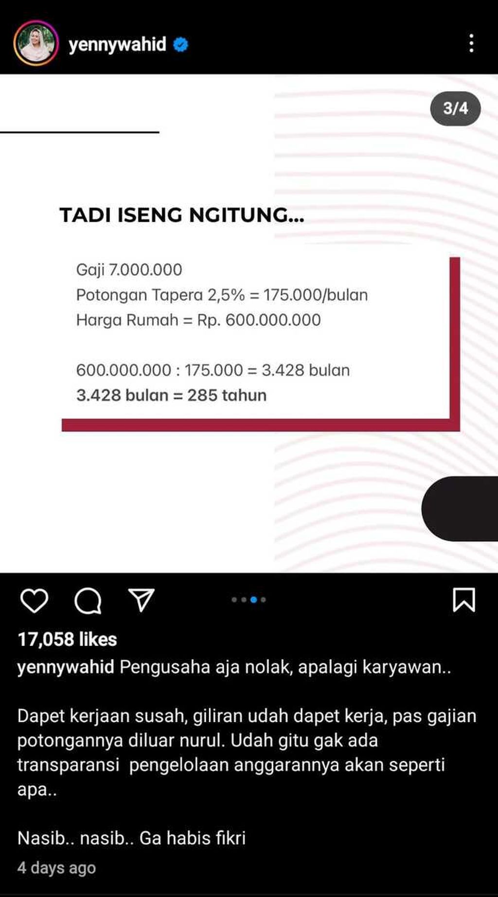 Tangkapan layar postingan instagram Yenny Wahid terkait polemik Tapera.