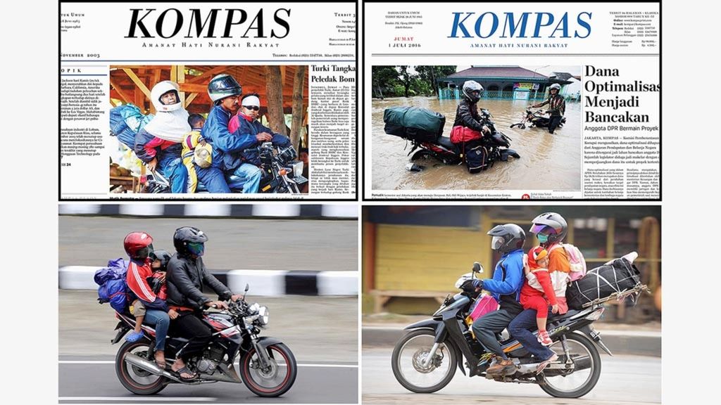 Lebaran homecoming began in the early 2000s using motorbikes. Top left 2003, top right 2016.