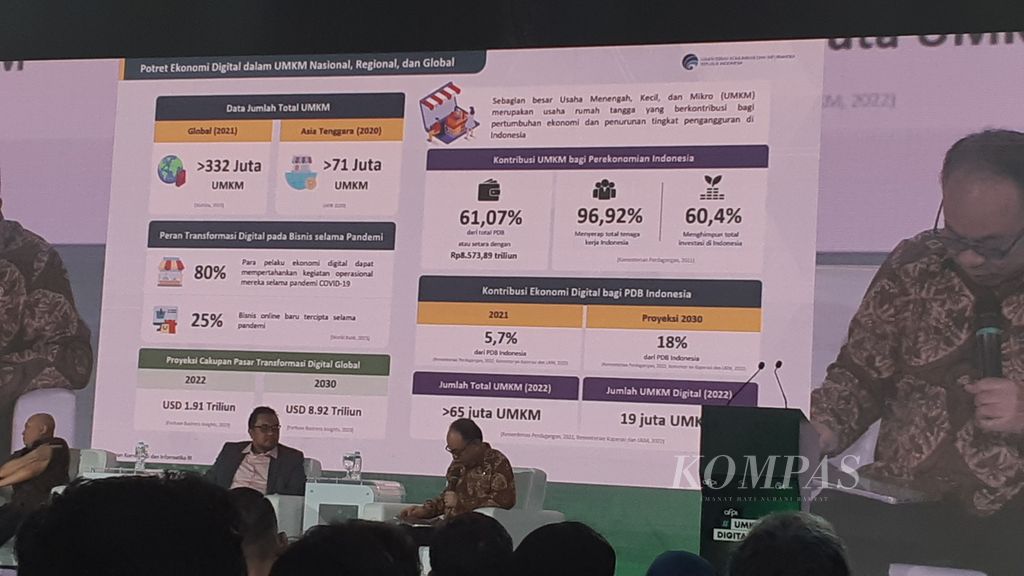 Menteri Komunikasi dan Informatika Budi Arie Setiadi (kanan) menjelaskan data terkait digitalisasi UMKM di Indonesia dalam acara AFPI UMKM Summit 2023 di Gedung Smesco, Jakarta, Kamis (21/9/2023).