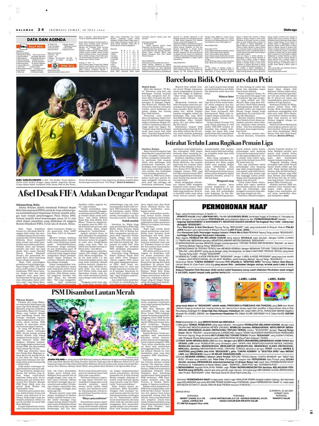 Halaman 24 <i>Kompas</i> edisi Jumat, 28 Juli 2000, yang menampilkan berita tentang parade juara skuad PSM Makassar setelah menjadi kampiun Liga Bank Mandiri 1999-2000 (berita diberi kotak merah).