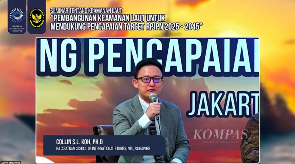 Foto tangkapan layar saat peneliti Rajaratnam School of International Studies, Collin Koh, memaparkan pandangan dalam Seminar Pembangunan Keamanan Laut untuk Mendukung Pencapaian Target RPJPN 2025-2045, Rabu (5/7/2023), di Jakarta.