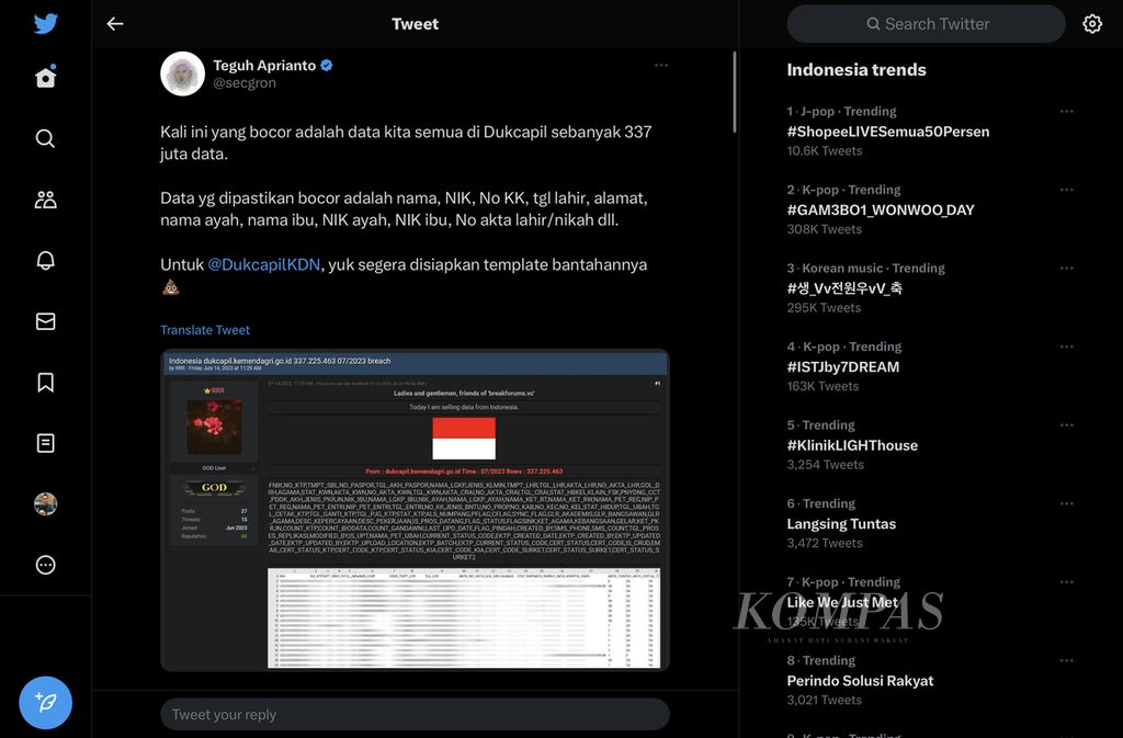 The tweet from the founder of Ethical Hacker Indonesia, Teguh Aprianto, regarding allegations of leaked population data on the social media account Twitter @secgron, on Sunday evening (16/7/2023).