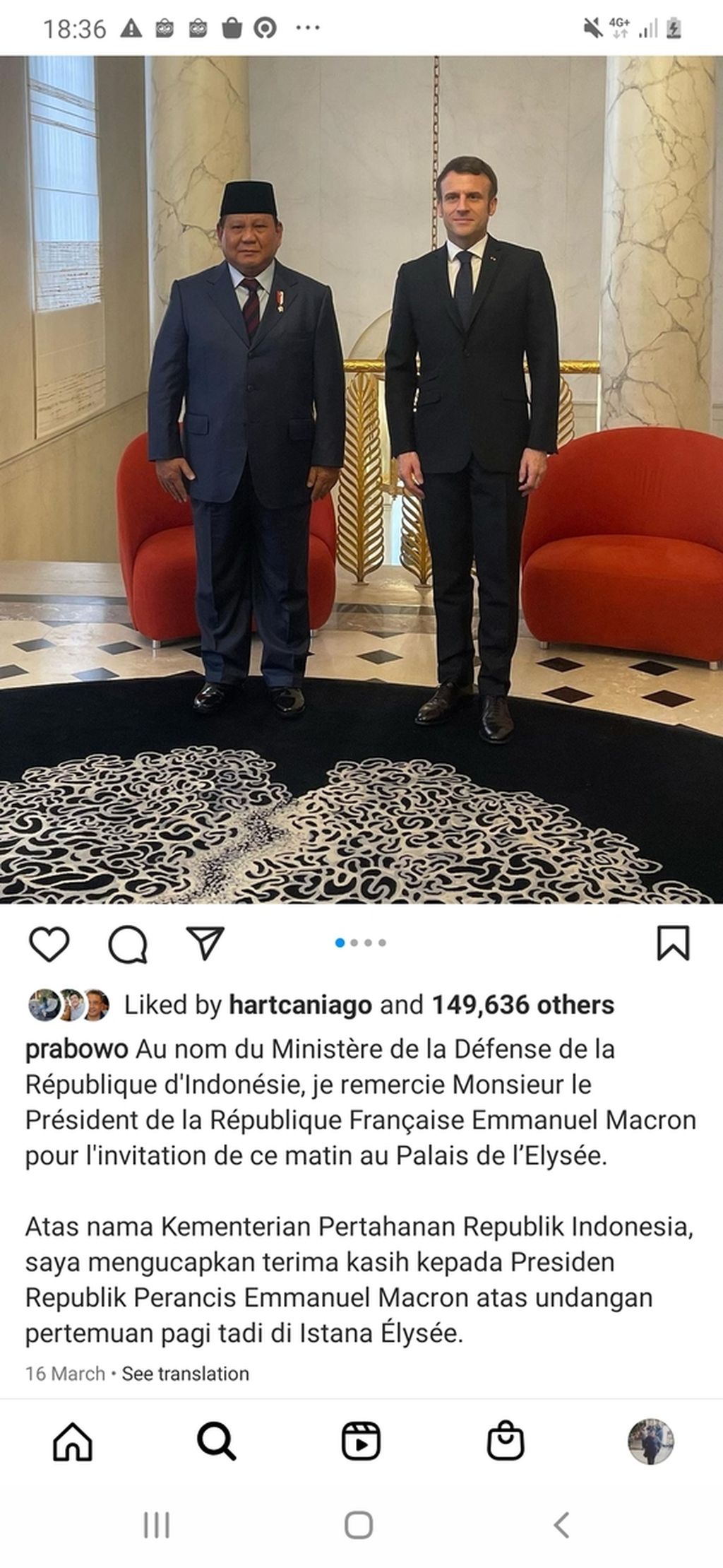 Menteri Pertahanan Prabowo Subianto mengunggah kegiatannya bertemu dengan Presiden Perancis Emmanuel Macron, melalui media sosialnya, 16 Maret 2022.