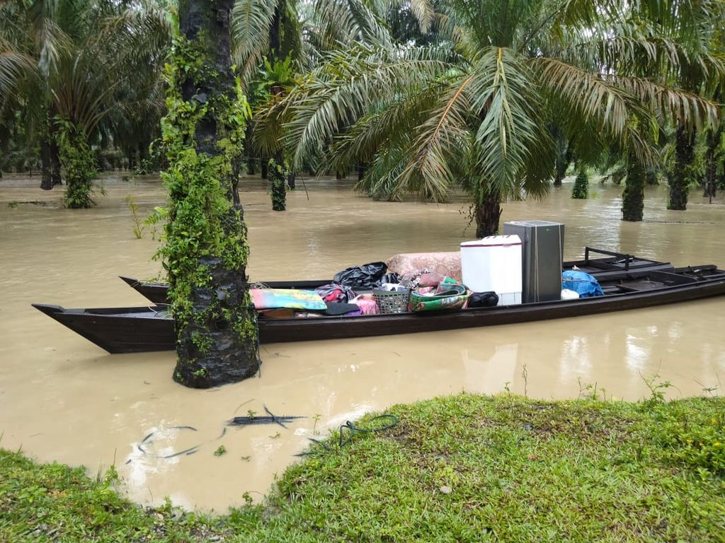 Sejumlah desa di Kabupaten Aceh Tamiang, Provinsi Aceh, tergenang banjir luapan, Selasa (1/11/2022). Sebagian kawasan yang tergenang mulai surut. Banjir luapan biasanya tidak berlangsung lama, tetapi potensi terus berulang. Banjir kian sering terjadi, selain karena cuaca ekstrem, juga karena degradasi lingkungan.
