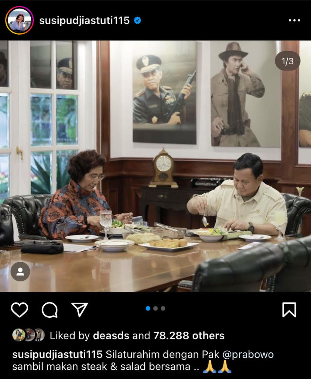 Susi Pudjiastuti bertemu dengan Menteri Pertahanan Prabowo Subianto di kantor Kementerian Pertahanan di Jakarta, pada 30 April 2023 lalu. Momen tersebut diunggah oleh Susi melalui akun Instagram miliknya.