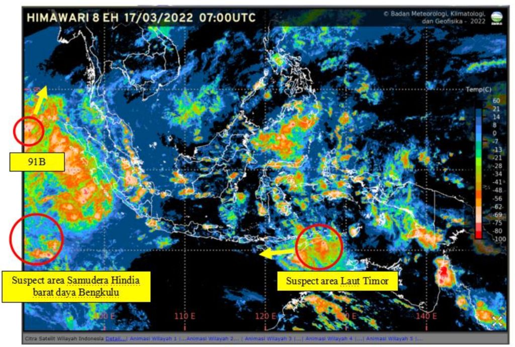 Citra satelit cuaca tanggal 17 Maret 2022 pukul 07.00 UTC (14.00 WIB). BMKG mendeteksi kemunculan satu bibit siklon dan dua potensi bibit siklon di perairan Indonesia.