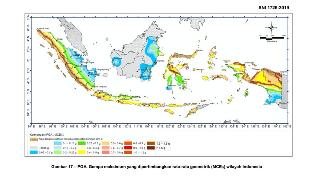 Peta percepatan tanah maksimum (PGA) Indonesia. Wilayah Mamuju dan Majene termasuk daerah dengan PGA tinggi yang berpotensi menimbulkan kerusakan jika terjadi gempa.