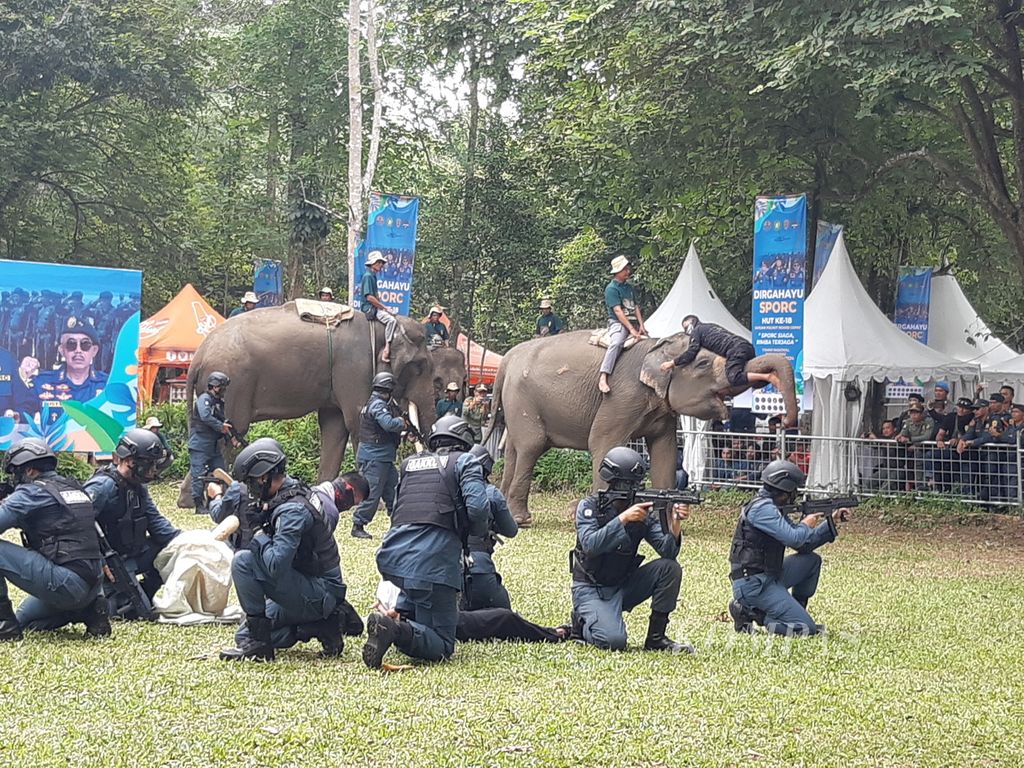 Anggota Satuan Polisi Kehutanan Reaksi Cepat (SPORC) memperagakan simulasi pengamanan hutan dalam acara Apel Puncak HUT Ke-18 SPORC di Taman Nasional Way Kambas, Kabupaten Lampung Timur, Lampung, Kamis (18/1/2024).
