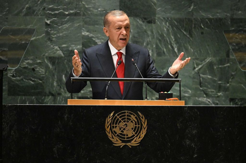 Presiden Turki Recep Tayyip Erdogan menyampaikan pidato dalam Sidang Umum PBB di New York pada Selasa (19/9/2023).