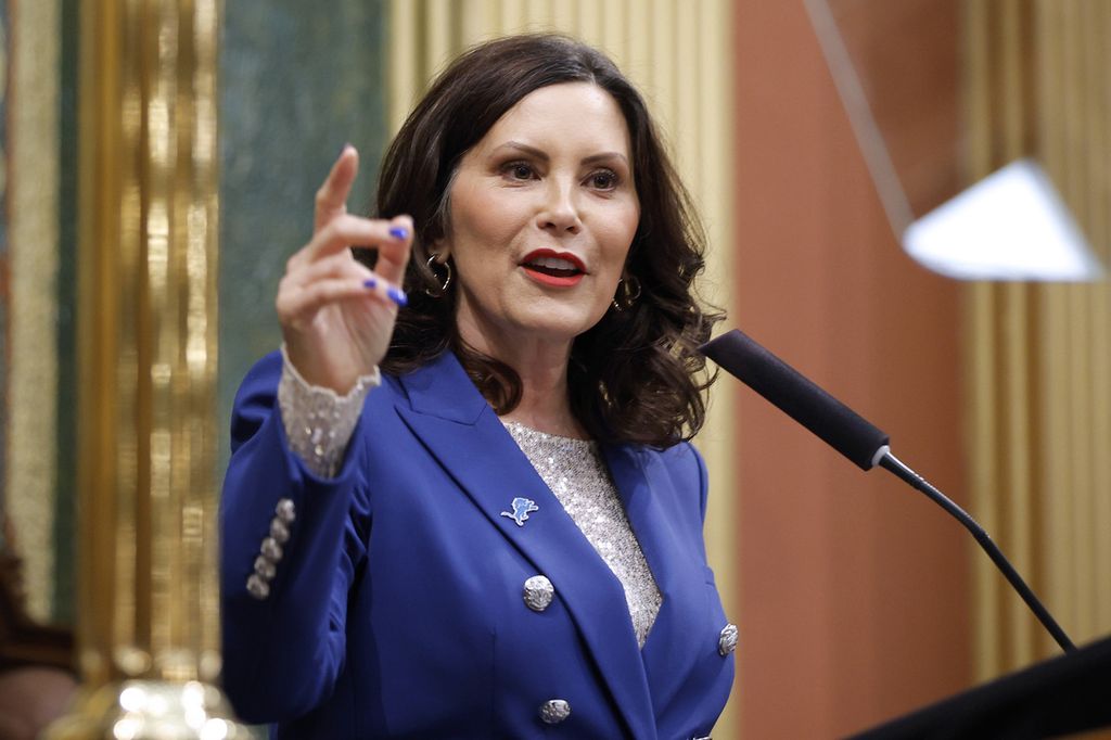 Gubernur Michigan Gretchen Whitmer menyampaikan pidato kenegaraannya, 24 Januari 2024, di gedung DPR negara bagian di Lansing, AS. 