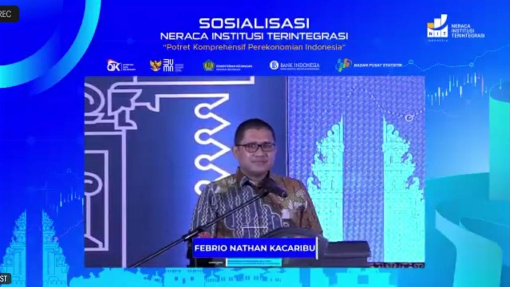  Kepala Badan Kebijakan Fiskal (BKF) Kementerian Keuangan Febrio Nathan Kacaribu sedang melakukan pidato sambutan di acara Sosialisasi Neraca Institusi Terintegrasi (NIT) dengan tema ”Potret Komprehensif Perekonomian Indonesia” di Jakarta Barat, Selasa (22/11/2022).