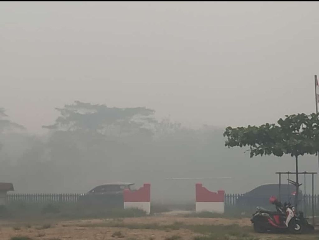 Kabut asap menyelimuti Desa Gohong, Kabupaten Pulang Pisau, Kalimantan Tengah, Senin (7/10/2019).