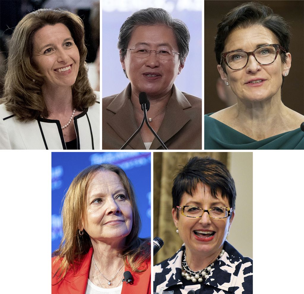 Foto kompilasi yang menampilkan para perempuan pemimpin perusahaan, yaitu (dari kiri, atas) CEO Northrop Grumman Kathy Warden; CEO Advanced Micro Devices Lisa Su; CEO Citigroup Jane Fraser; (dari kiri, bawah) CEO General Motors Mary Barra; dan CEO United Parcel Service Carol Tome. Warden, Su, Fraser, Barra, dan Tome masuk daftar perempuan CEO bergaji tertinggi dalam survei kantor berita Associated Press. 