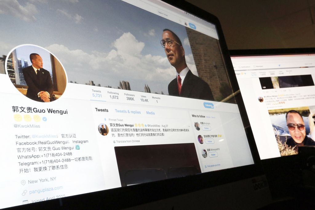 Screen capture archives from the Twitter account of Chinese businessman, Guo Wengui, were seen on a computer screen in Beijing, China, on August 30, 2017. Guo is facing trial in the United States on May 24, 2024 on charges of fraud.