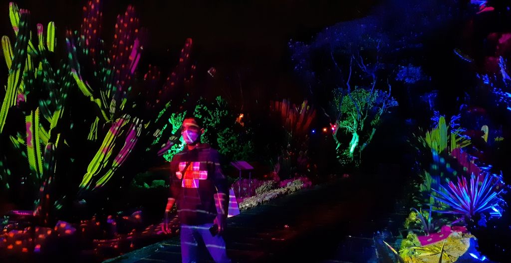 Atraksi cahaya di Taman Meksiko di Kebun Raya Bogor, Kota Bogor, Jumat (30/9/2021). Tidak hanya menyajikan warna-warni lampu dan tembakan cahaya, di zona ini juga menarasikan koleksi ratusan spesies kaktus dari Meksiko, Amerika Selatan, dan Amerika Tengah.