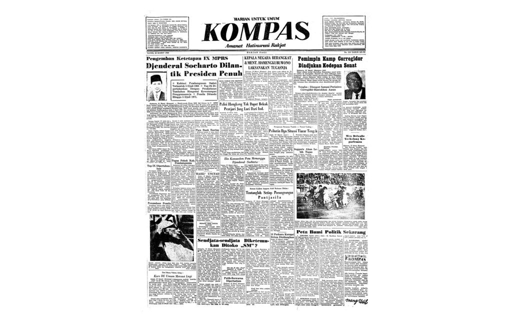 Berita terkait pelantikan Presiden Soeharto dengan judul "Pengemban Ketetapan IX MPRS: Djenderal Soeharto Dilantik Presiden Penuh" yang terbit di Harian Kompas, edisi Kamis, 28 Maret 1968. 