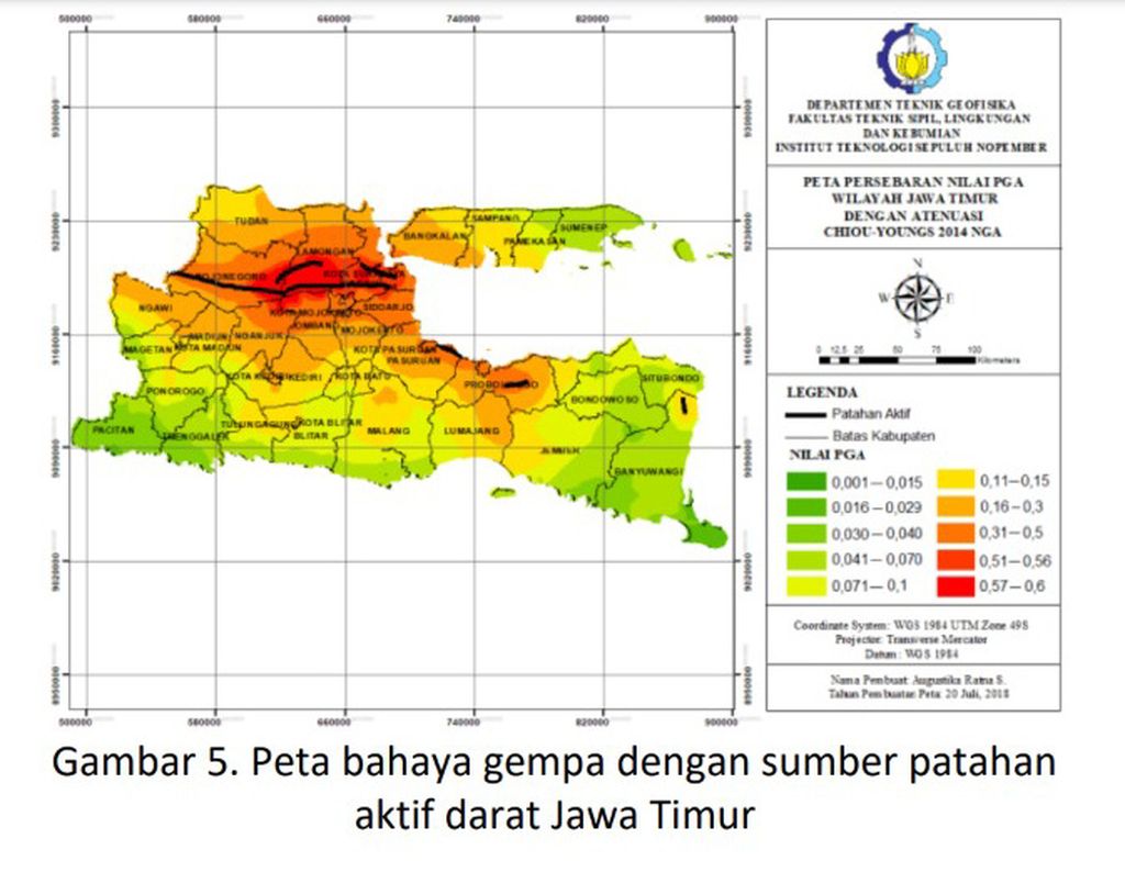 Peta bahaya gempa dengan sumber patahan aktif darat Jawa timur
