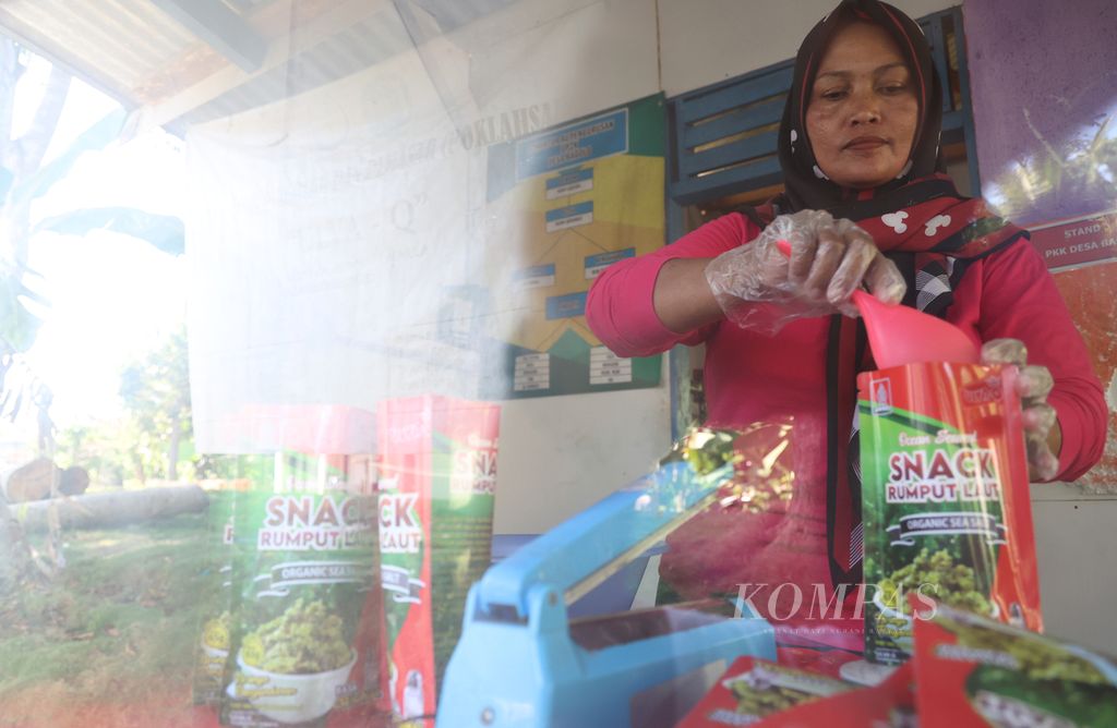 Herni Hernawati mengemas makanan ringan rumput laut di tempat usaha pembuatan makanan ringan tersebut di Kecamatan Kalipucang, Kecamatan Pangandaran, Kabupaten Pangandaran, Jawa Barat, Jumat (26/5/2023). 