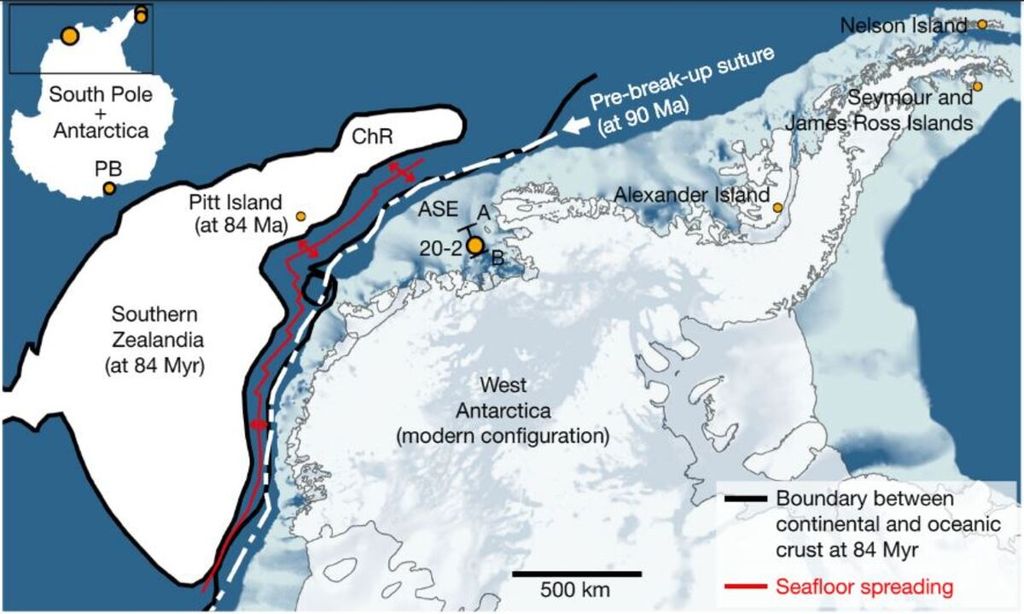 Lokasi Antarktika Barat saat ini. Garis putih putus-putus menunjukkan posisi Antarktika Barat dengan Selandia Selatan yang telah direkonstruksi sebelum mulai berpisah pada 90 juta tahun lalu.