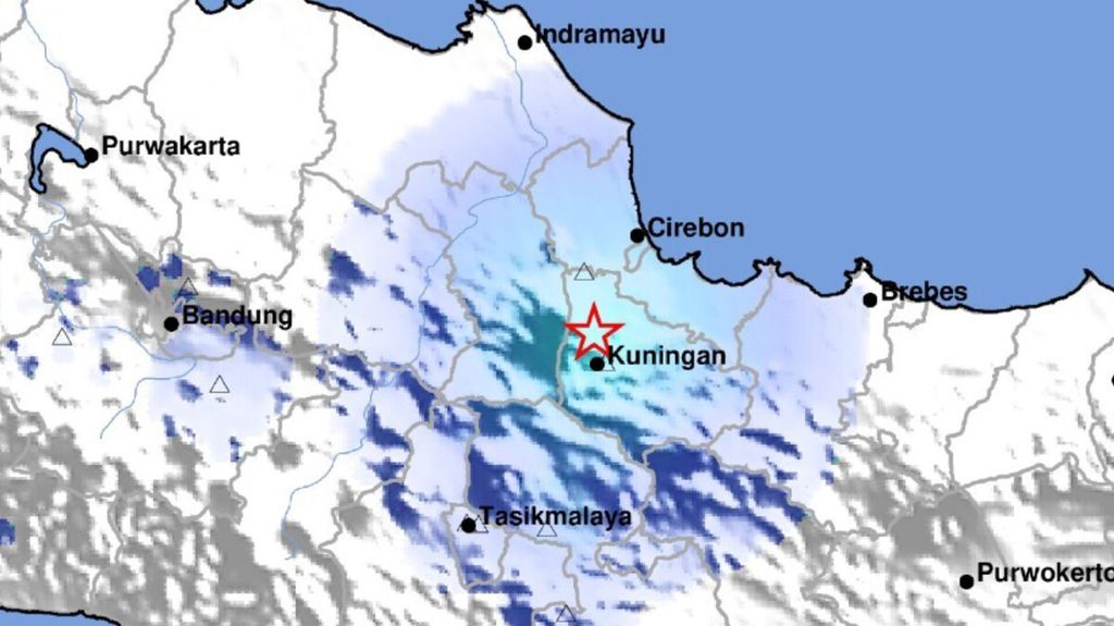 Lokasi gempa bumi dangkal di Kabupaten Kuningan, Jawa Barat, berkekuatan Magnitudo 3,9 pada Jumat (26/7/2024).