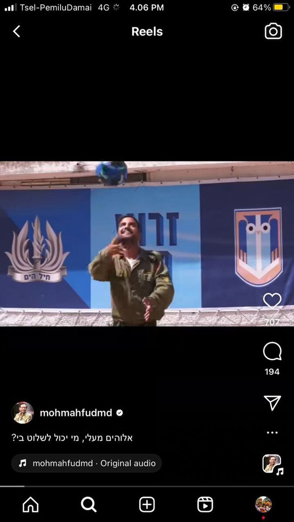 Tangkapan layar video tentara asing yang bermain bola diunggah di video pendek (<i>reels</i>) akun Instagram calon wakil presiden nomor urut 3, Mahfud MD, Selasa (16/1/2024) sore.