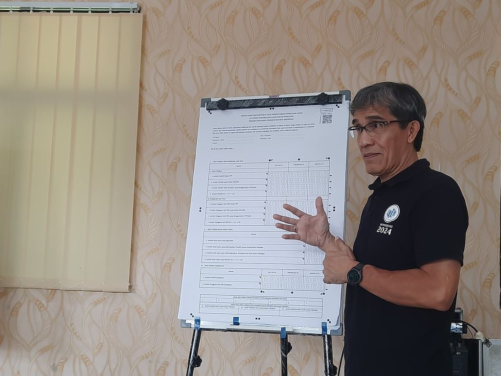 Mantan Komisioner Komisi Pemilihan Umum (KPU), Hadar Nafis Gumay, sedang menjelaskan cara mengisi formulir C1-Plano di Kantor Kelurahan Benda Baru, Pamulang, Tangerang Selatan, Banten, Sabtu (15/7/2023). 