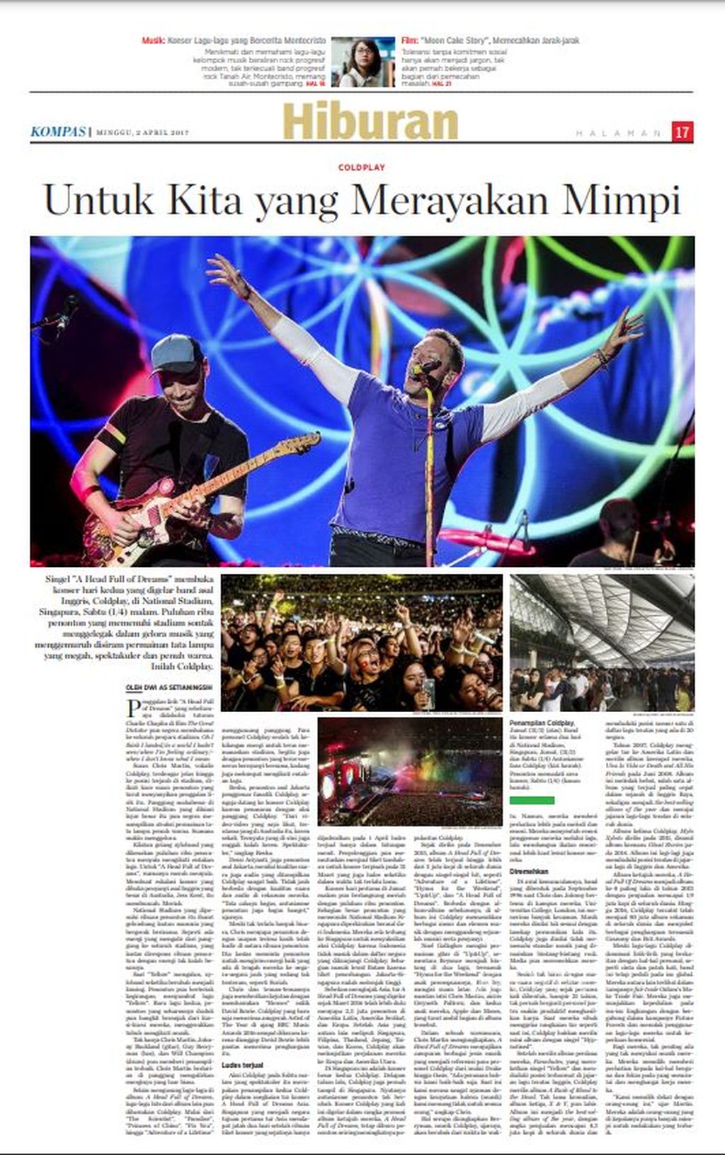 Arsip artikel harian <i>Kompas</i> edisi Minggu, 2 April 2017, yang mengulas Konser Coldplay di National Stadium, Singapura, Sabtu (1/4/2017).