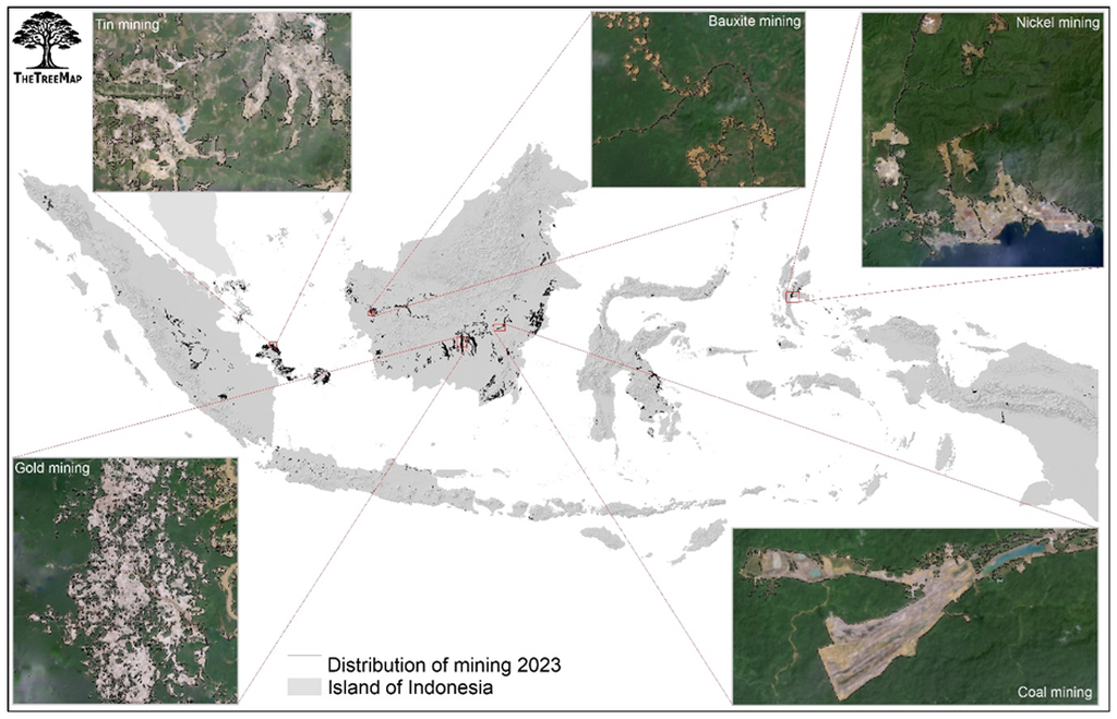 Jejak lahan pertambangan Indonesia tahun 2001-2023 (hitam). Dihasilkan menggunakan citra satelit resolusi tinggi dari Sentinel-2 dan Planet/NICFI serta citra Landsat bersejarah selama dua dekade. Sumber: Nusantara-atlas.org