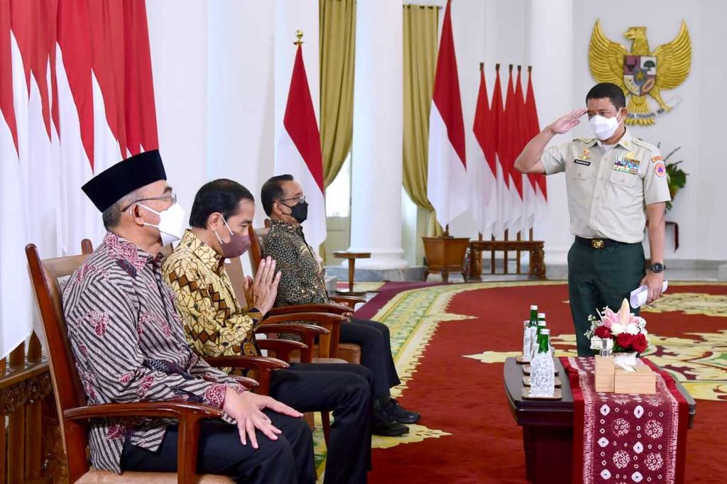 Presiden Joko Widodo menghadiri secara virtual peresmian pembukaan Rapat Koordinasi Nasional Penanggulangan Bencana 2022 di Istana Kepresidenan Bogor, Rabu, 23 Februari 2022. 