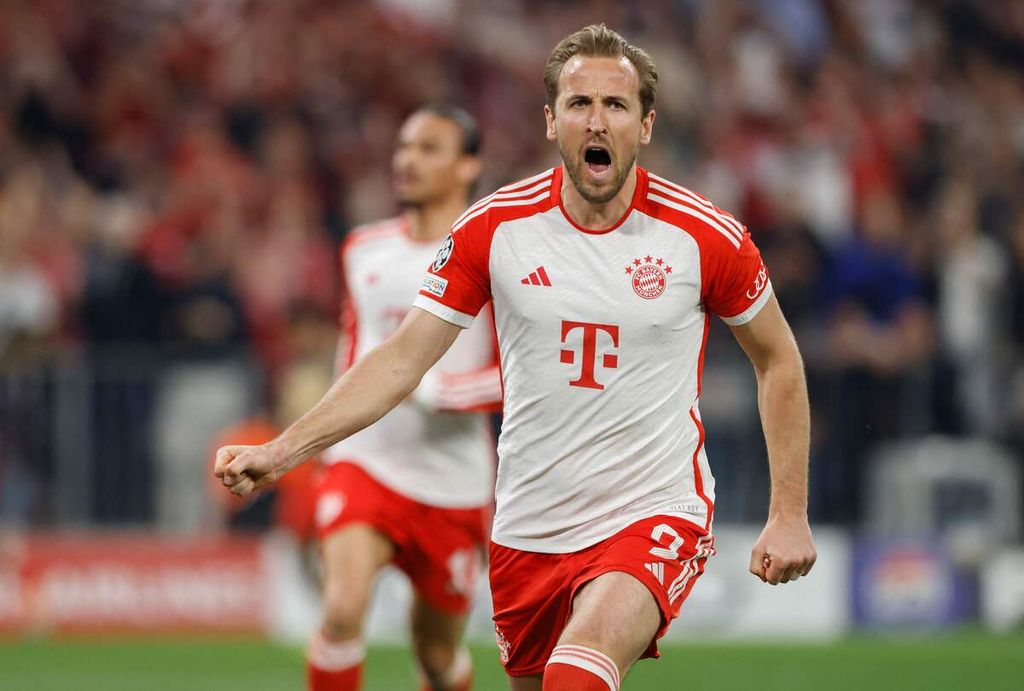 Bayern Munich striker Harry Kane celebrates a goal against Real Madrid in the Champions League semi-final match early morning on Wednesday (1/5/2024) WIB.