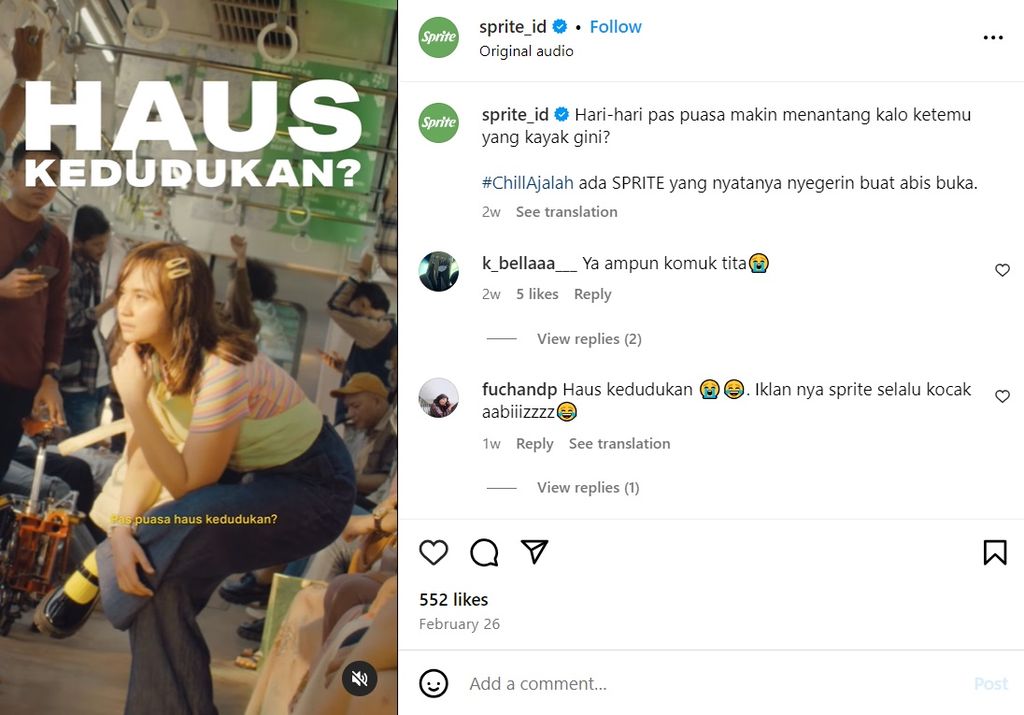Tangkapan layar iklan Sprite dalam masa Ramadhan 2024 diambil dari akun Instagram @sprite_id. Iklan-iklan Sprite kerap menampilkan konten berkaitan dengan kehidupan sehari-hari konsumen, dibumbui <i>punch line </i>”menggigit”.