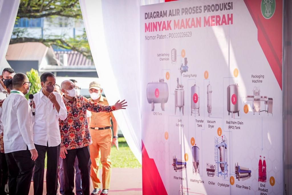 Menteri Koperasi dan UKM Teten Masduki (kedua dari kanan) sedang menjelaskan kepada Presiden Joko Widodo (ketiga dari kiri) di Pusat Penelitian Kelapa Sawit (PPKS), Kampung Baru, Kota Medan, Kamis (7/7/2022), tentang pentingnya pabrik minyak makan merah. 