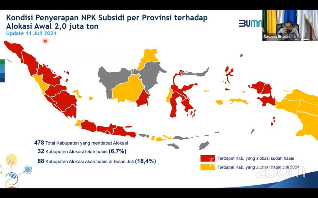 Tangkapan layar Direktur PT Pupuk Indonesia (Persero) Rahmad Pambudi yang tengah menjelaskan realisasi serapan pupuk NPK bersubsidi dalam Rapat Koordinasi Pengendalian Inflasi Daerah yang digelar Kementerian Dalam Negeri di Jakarta, Senin (15/7/2024). Pupuk Inodnesia mencatat ada 32 daerah yang alokasi awal pupuk NPK subsidinya telah habis dan 88 daerah yang alokasinya akan habis pada akhir Juli 2024.