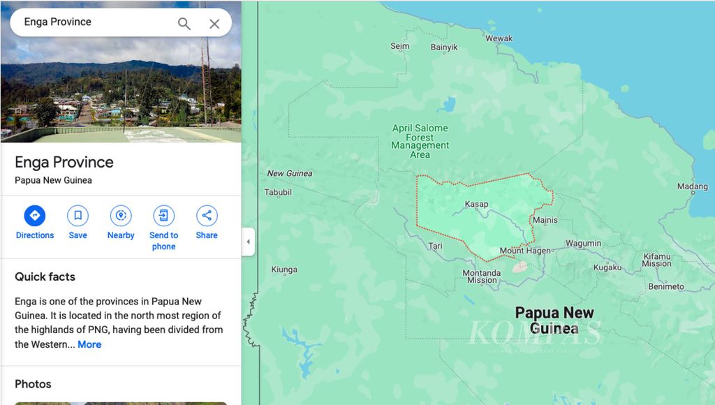 Tangkapan layar peta digital menunjukkan posisi Provinsi Enga, Papua Niugini. Pada Minggu (18/2/2024) terjadi perang suku di provinsi itu.