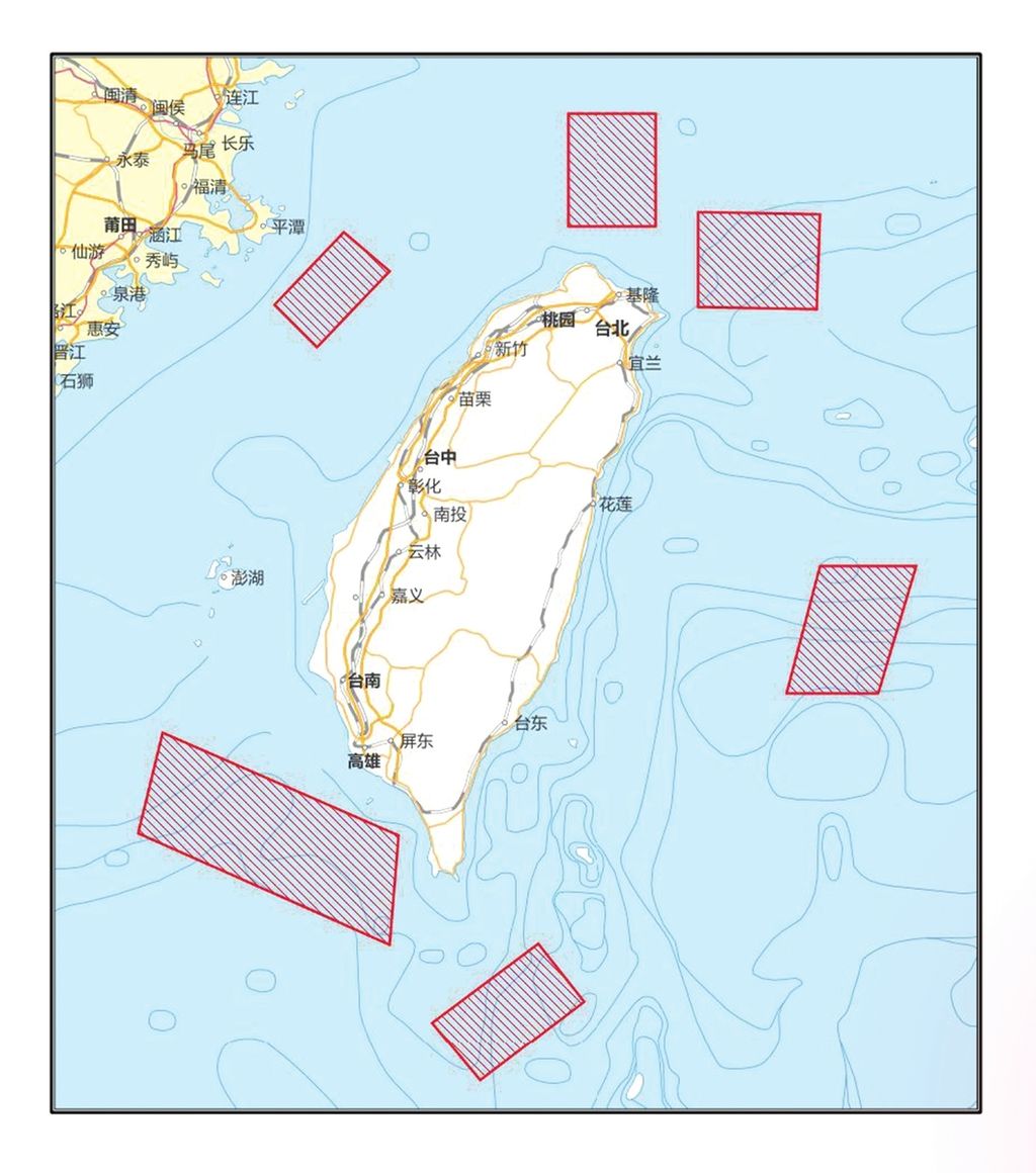 Peta lokasi latihan perang Tentara Pembebasan Rakyat  China pada 4-6 Agustus 2022. Lokasi latihan mengelilingi Taiwan.