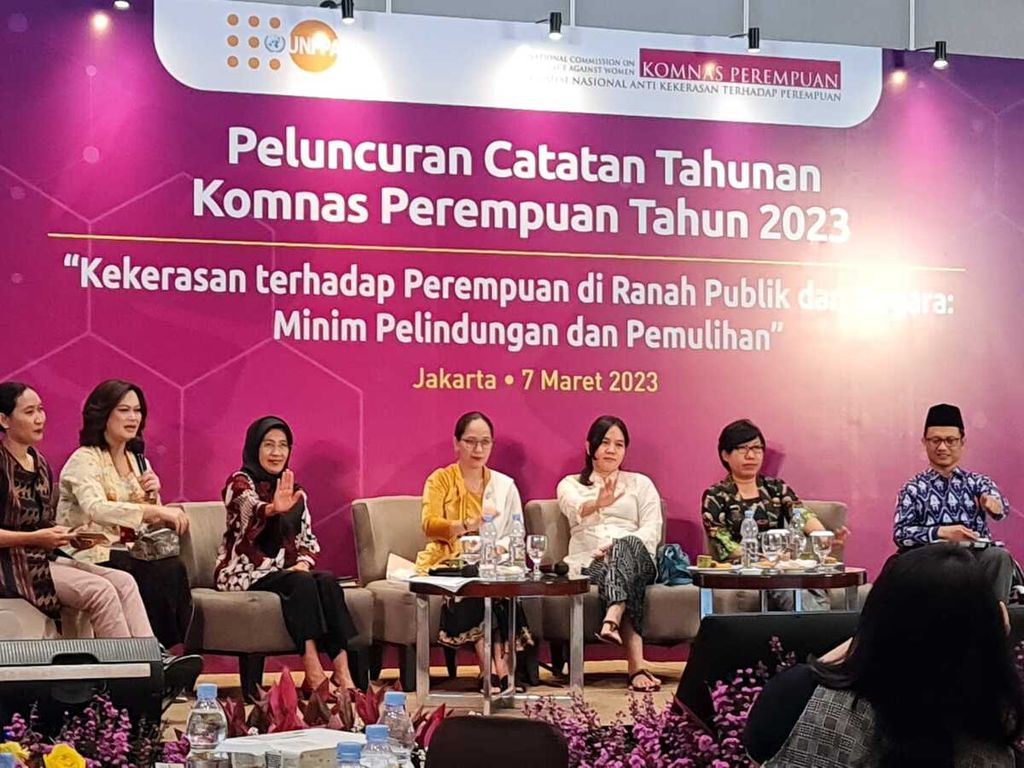 Suasana Peluncuran Catatan Tahunan (Catahu) Komnas Perempuan 2023, Selasa (7/3/2023), di Hotel Santika Premier, Hayam Wuruk, Jakarta.