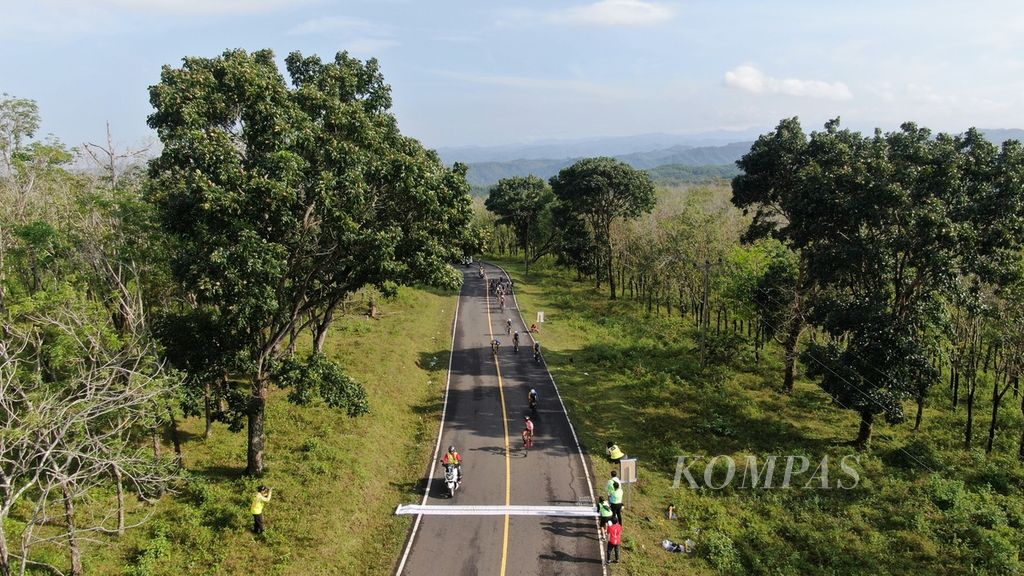 Pebalap beradu menjadi yang terbaik dalam <i>king of mountain</i> etape ke-2 Cycling de Jabar 2023 di kawasan Hutan Sancang, Garut, Jawa Barat, Minggu (9/7/2023). Etape ke-2 menempuh jarak 169,7 kilometer yang dimulai dari Rancabuaya, Garut, dan finis di Pangandaran.