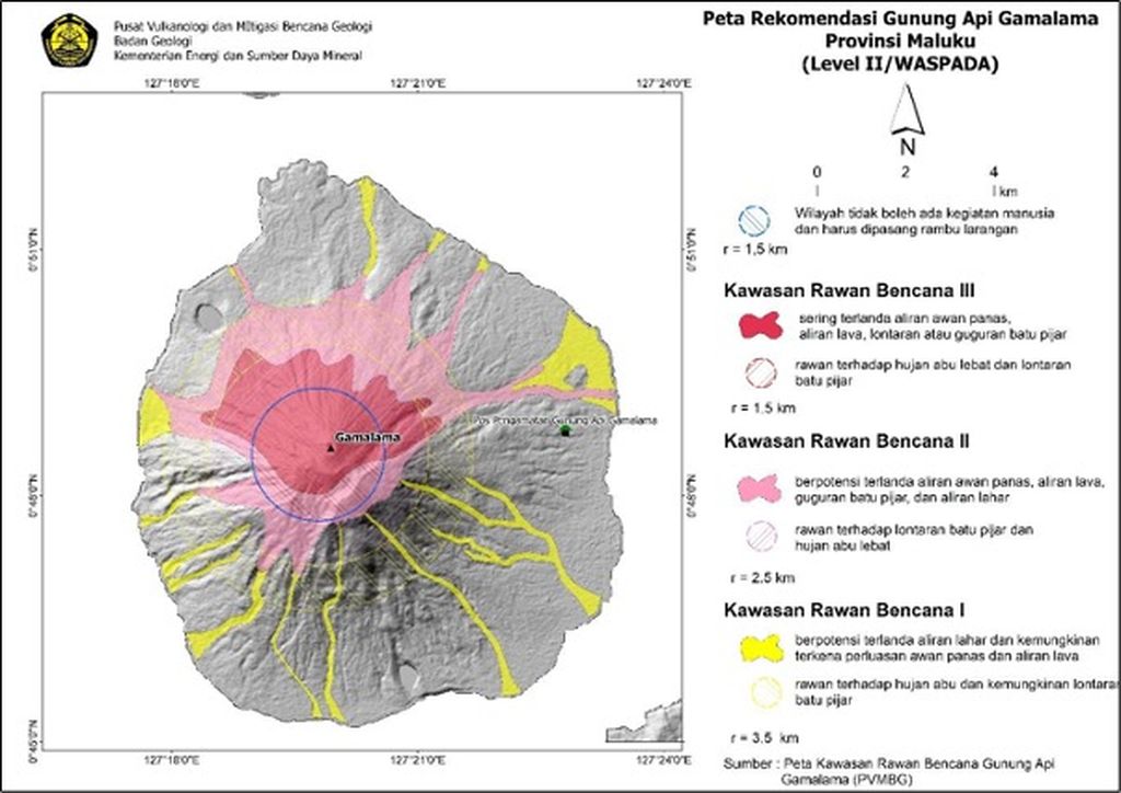Peta kawasan rawan bencana aktivitas Gunung Api Gamalama, Ternata, Januari 2024