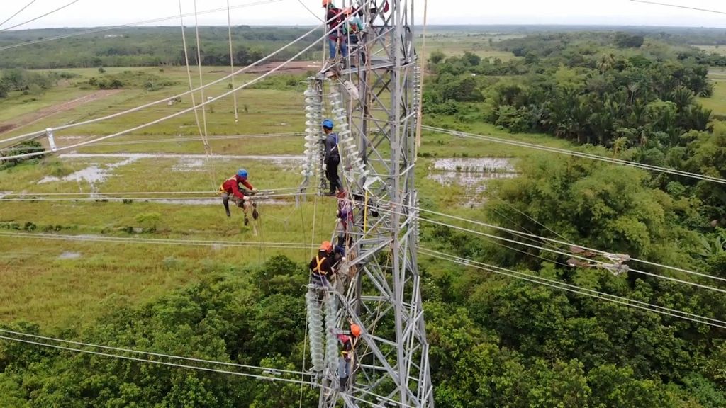 Petugas PT PLN wilayah Kalselteng berupaya memperbaiki gangguan pada tower transmisi yang sempat tertimpa pohon di wilayah Kabupaten Katingan, Kalimantan Tengah, pada Rabu (12/10/2022).  