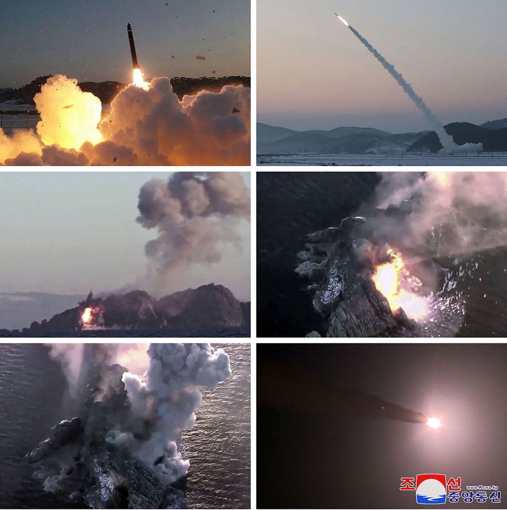 Gabungan foto yang dibuat pada 31 Desember 2022 dan dirilis oleh kantor berita Korea Utara pada 1 Januari 2023 ini memperlihatkan uji coba peluncur-peluncur roket multilaras superbesar oleh Komisi Kedua Ekonomi Korut di lokasi-lokasi yang tidak diungkapkan. 