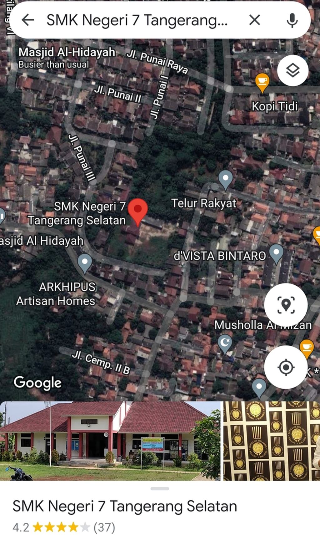 Letak SMKN 7 Tangerang Selatan di Kelurahan Rengas, Kecamatan Ciputat Timur, Rabu (27/4/2022), dari citra Google Earth.