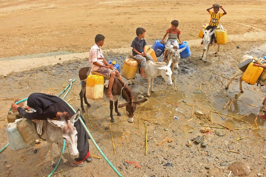 Di tengah kelangkaan air dan suhu yang terus meningkat, anak-anak menunggangi keledai untuk membawa air bersih di Yaman, 21 Juli 2023.  