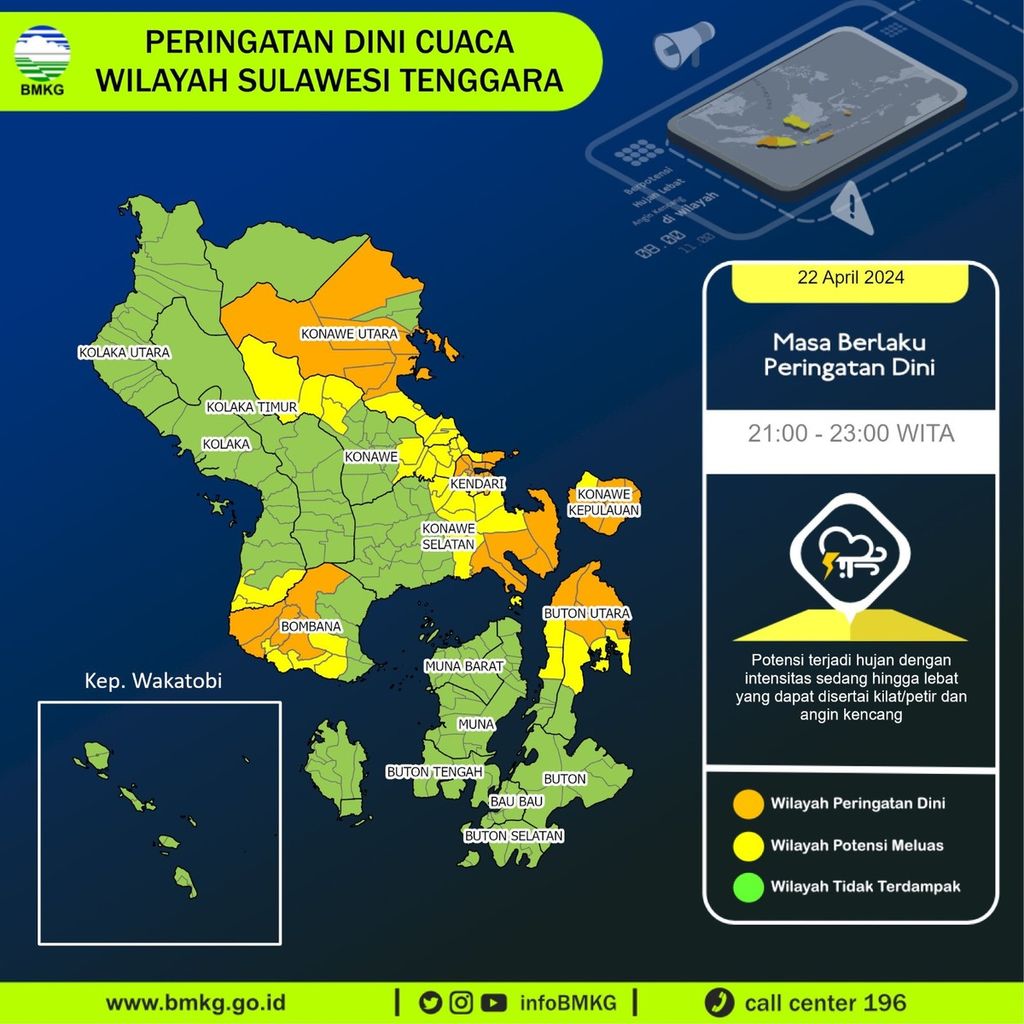 Cuaca buruk masih mengintai Kendari dan sejumlah wilayah lain di Sulawesi Tenggara, Selasa (23/4/2024). Kewaspadaan harus ditingkatkan seiring ancaman bencana.